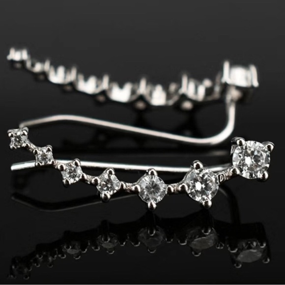 Silver Rhinestone Ear Climber Stud Earring Silver Sparkly Sexy - Picture 5 of 6
